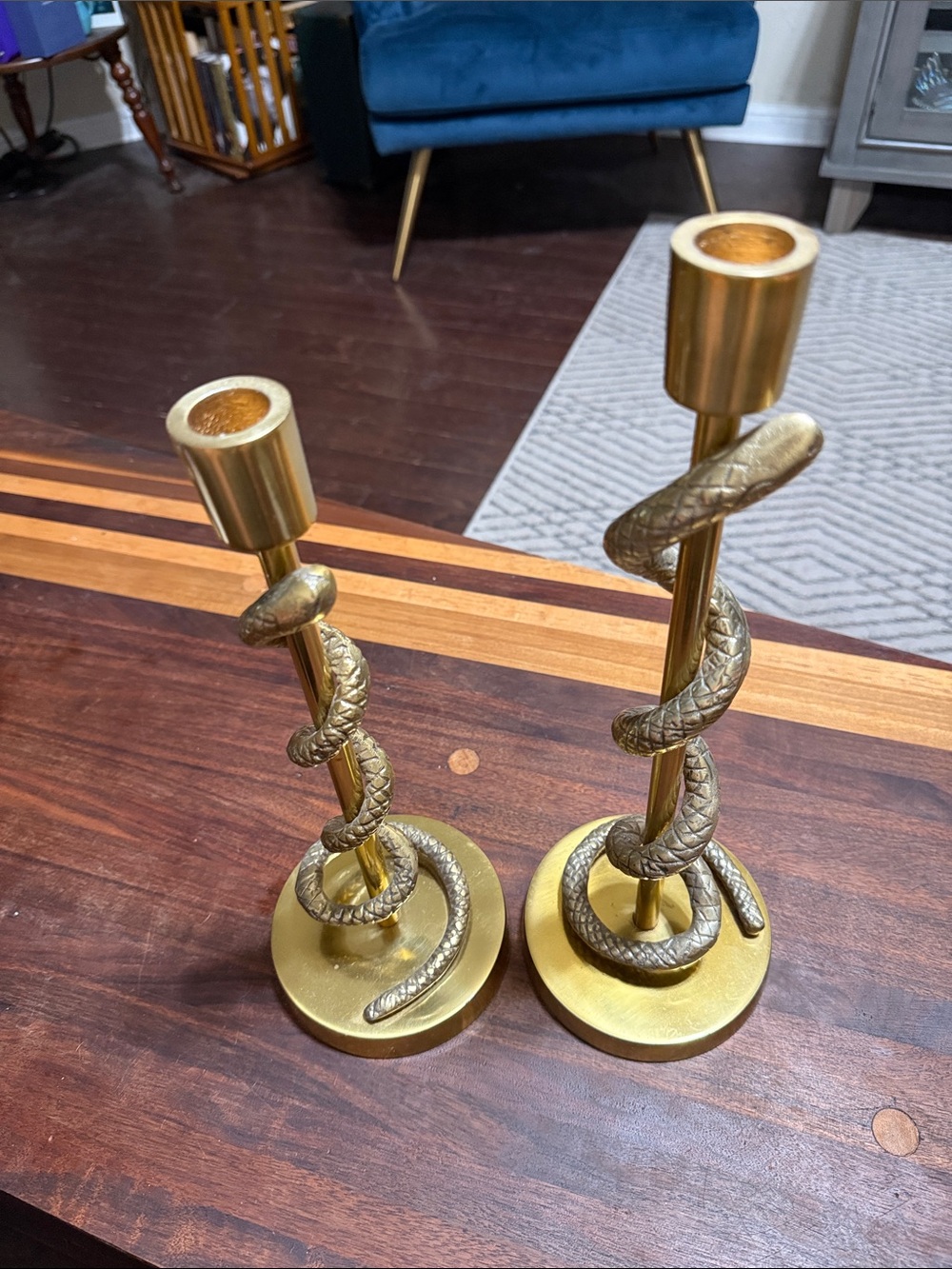 Brass Snake Accent Candlestick Pair - Gold